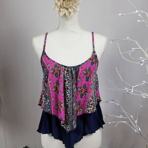 Layered Flare Lace Back Spaghetti‎ Strap Floral Print Tank [SIZE SMALL]